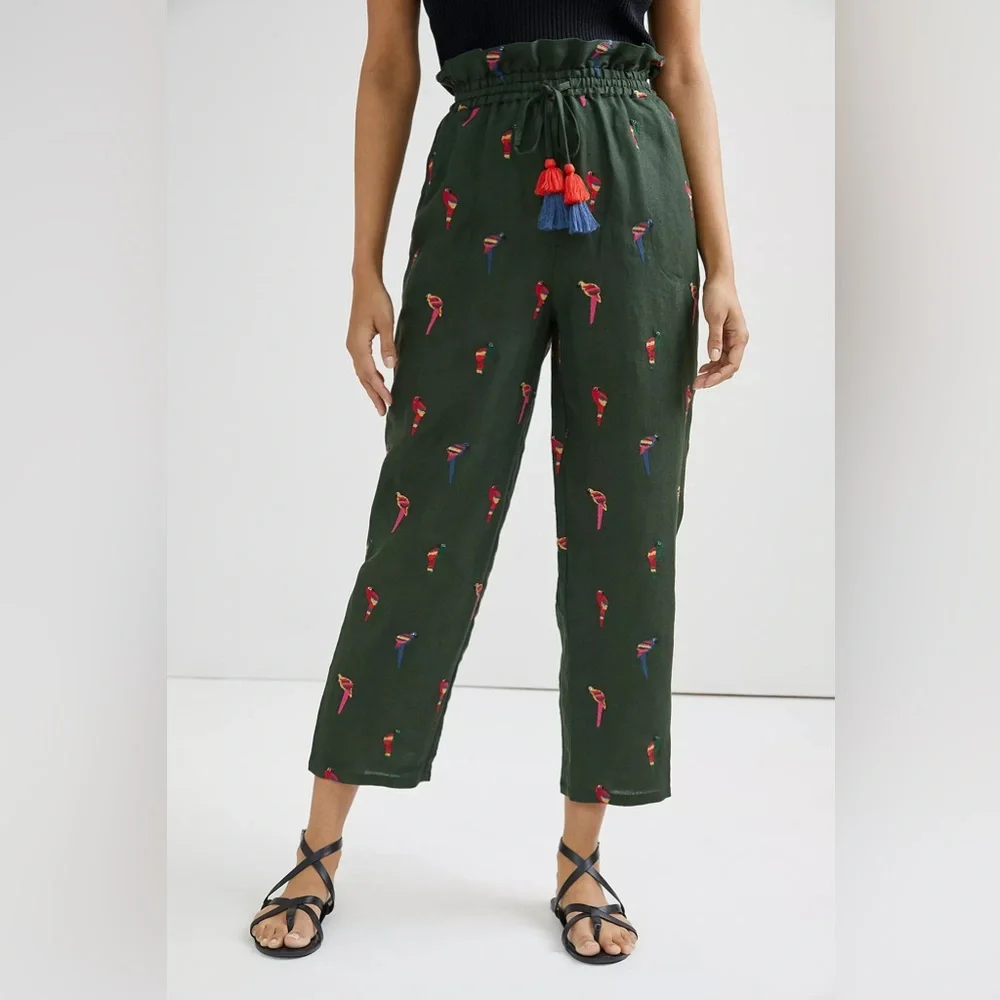Farm Rio Parrot Bird Linen Blend Embroidered Pants - Picture 1 of 7